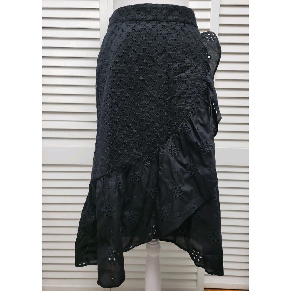 Loft NWT Womens Eyelet Ruffle High Low Hem Black Midi Skirt size 2 Side Zip